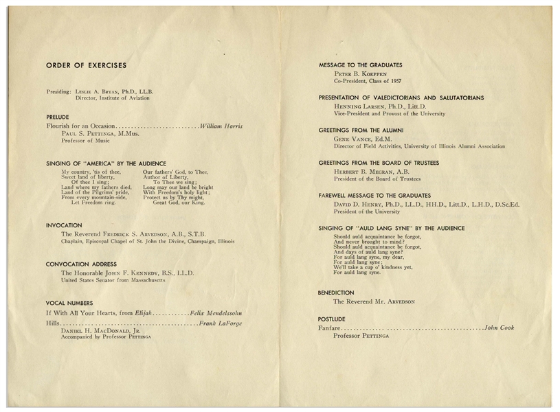 John F. Kennedy Signed Program for the Graduation Ceremonies at University of Illinois in 1957, Where He Gave the Commencement Address -- With University Archives COA